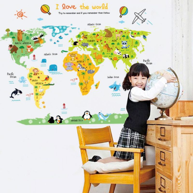 STIKER DINDING DEKORASI KAMAR INTERIOR RUANGAN BELAJAR BERMAIN ANAK BAYI PETA DUNIA I LOVE THE WORLD
