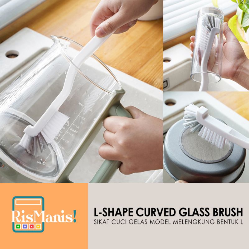 L-SHAPE CURVED GLASS BRUSH - Sikat Cuci Gelas Botol Bulu Halus Model Sudut Lengkung Gagang Panjang