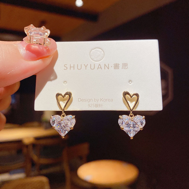 Anting Tusuk Silver Desain Hati Hias Zircon Gaya Korea Untuk Wanita