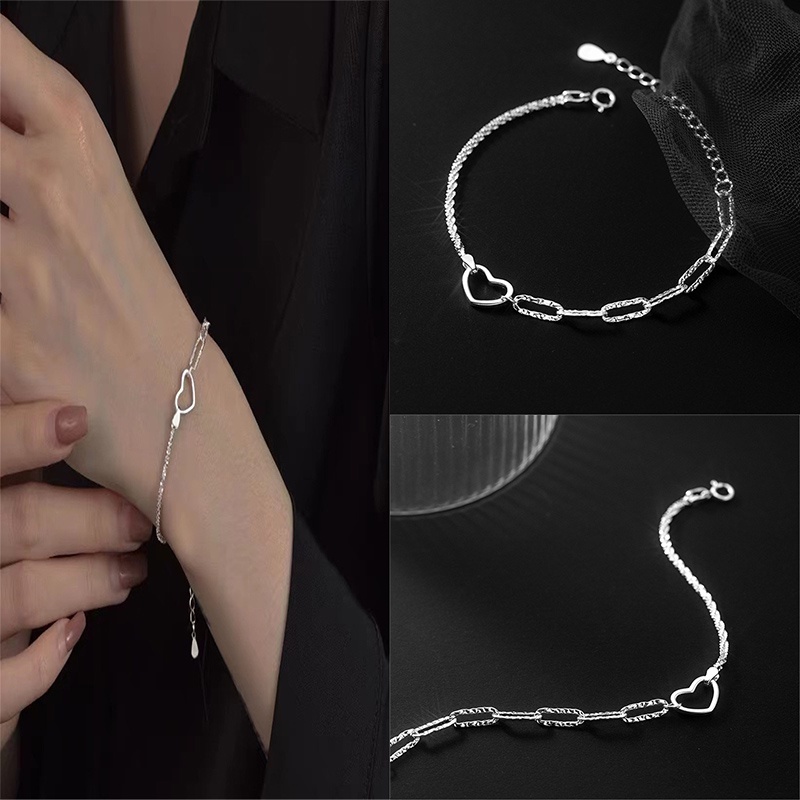 Gelang Rantai Silver Desain Hati Kreatif Untuk Wanita