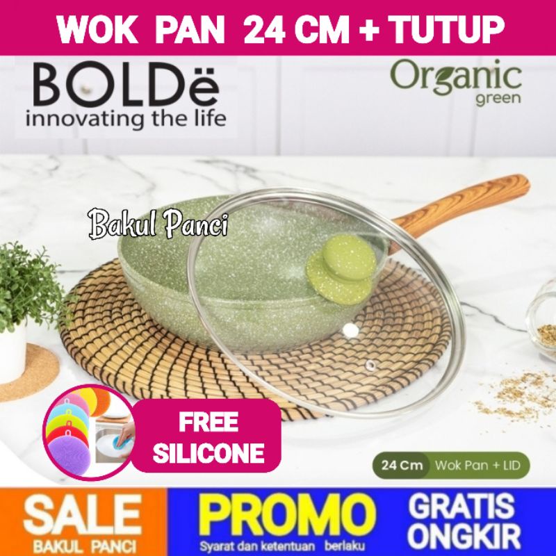BOLDe ORGANIC GREEN WOK PAN ( WAJAN ) 24 CM + Lid TUTUP KACA - SUPER PAN GRANITE SERIES PENGGORENGAN