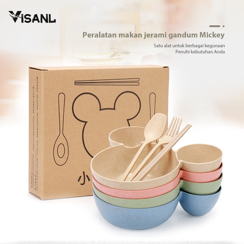 Mangkok Set Peralatan Makan Anak 4 in1Bahan Jerami Gandum Children Tableware Piring Kartun VS-25