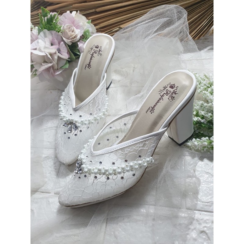 sepatu wedding v mozza putih lace brukat tinggi 9cm hak tahu