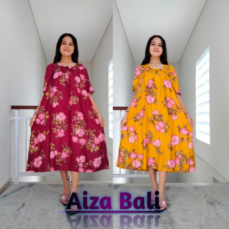 Dress Daster Kerut Nadira Korea Style Rayon Super Motif Bunga Matahari dan Sakura Lengan Pendek Prem