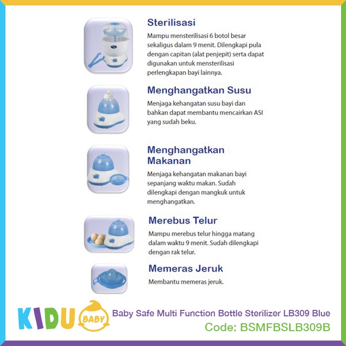 Baby Safe Multi Function Bottle Sterilizer LB309 Blue Kidu Baby