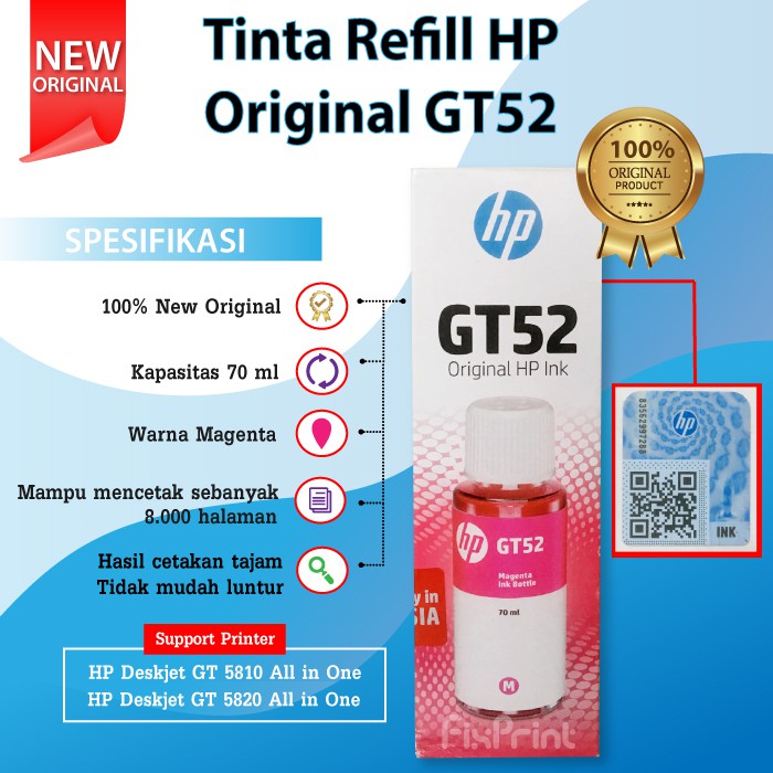 Tinta HP Original GT52 Magenta M0H55A 70ml Printer Tank 115 315 415 319 419 Deskjet GT5810 GT5820