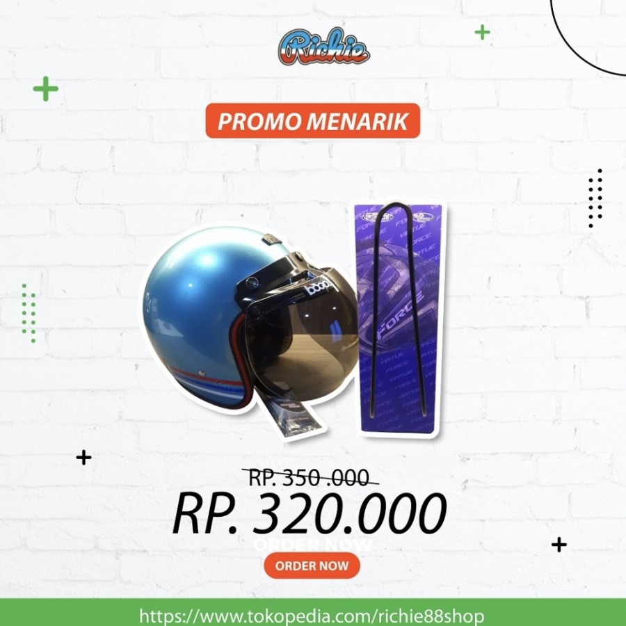 Paket Helm Bogo Retro Force Kaca Bogo Ori Ice Blue Gloss + Rak Helm