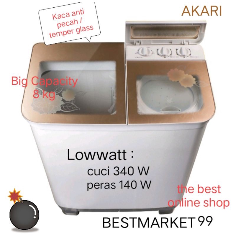 PROMO FREE ONGKIR SBY MESIN CUCI AKARI 2 TABUNG  8KG  AWM 88SK MEWAH &amp; KACA ANTI PECAH