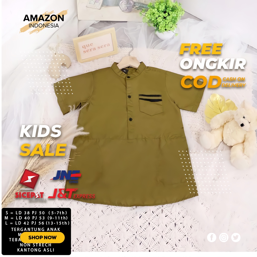 PAKAIAN MUSLIM ANAK LAKI LAKI BAJU KOKO COWOK LENGAN PENDEK ARMY CASUAL TOYOBO PREMIUM HIGH QUALITY