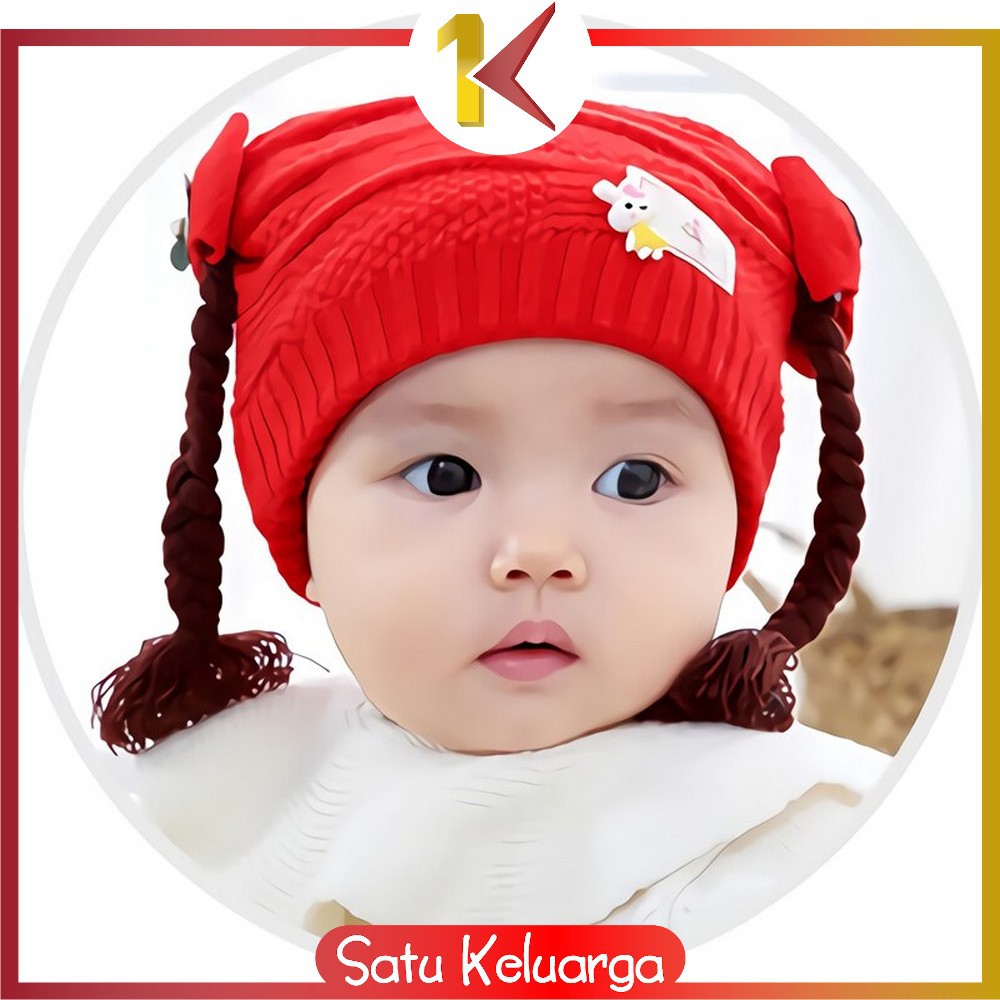 SK-P19-21 Topi Anak Perempuan Rambut Kepang / Topi Bayi Kupluk Rajut Imut Lucu / Baby Hat Wig Impor-7