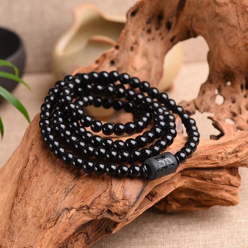 Gelang Manik-Manik Obsidian Bulat Motif Naga Phoenix Warna Hitam Gaya China