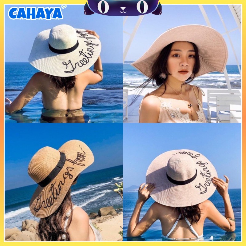 Topi Jerami Lebar Motif Bordir untuk Musim Panas / Pantai Cahaya T43