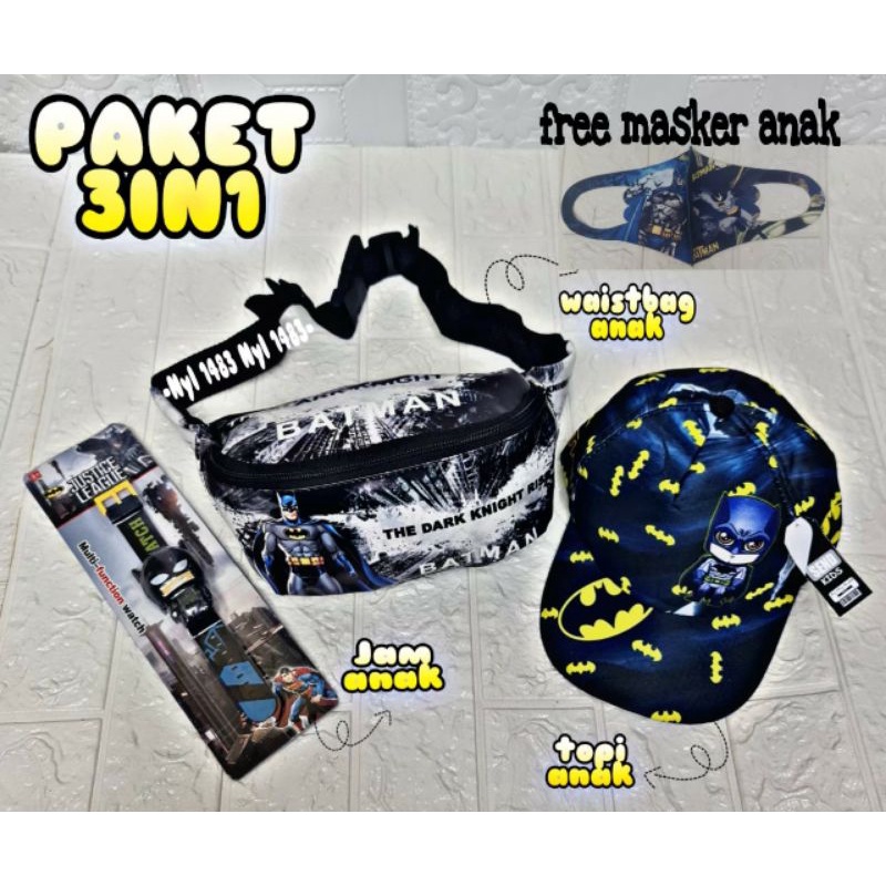 NEW Arrival 3in1 Batman dan BTS tas SLempang anak topi dan jam tangan free masker anak