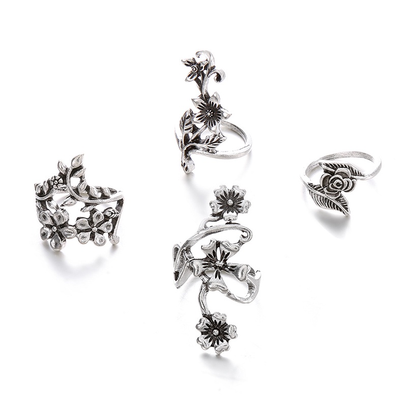 4pcs / Set Cincin Buku Jari Aneka Bentuk Warna Silver Gaya Vintage Bohemia Untuk Wanita