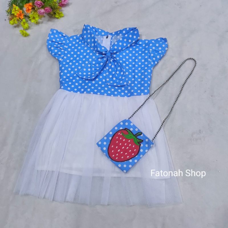 Dress anak cewek 1 2 tahun baju anak perempuan bonus tas kecil ( dress polka TAS )