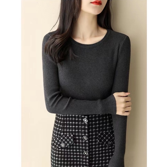 【Elegant】Knit Long Sleeve Round Neck Stretch Slim Shirt Sweater 7421