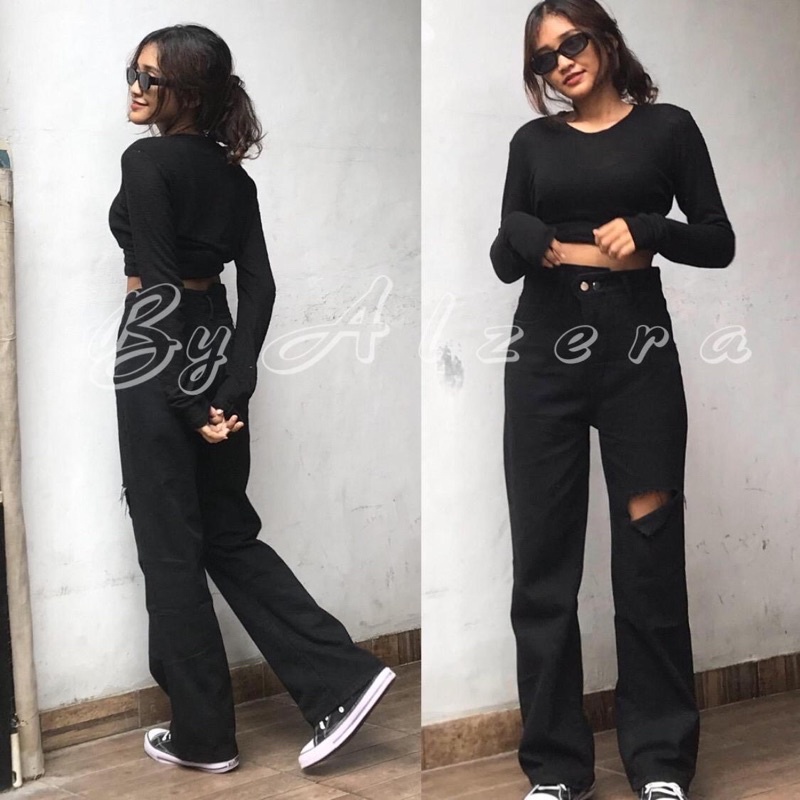 BOYFRIEND JEANA CULLOTE HITAM SOBEK SEBELAH