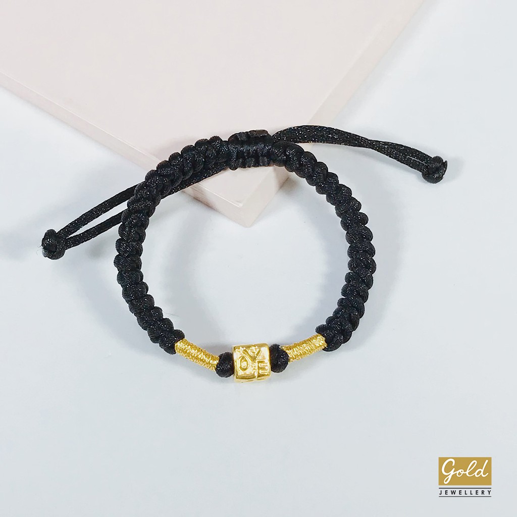 Gelang tali emas hongkong 24k 999 charm love cube tali hitam