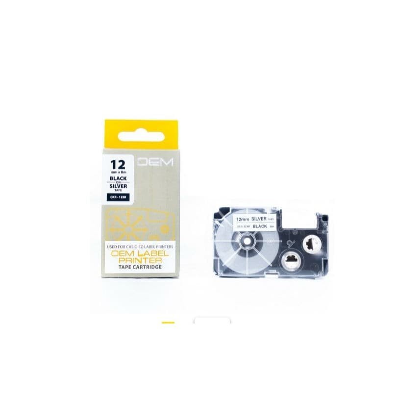 

OEM TAPE EZ LABEL CASIO 12MM BLACK INK SILVER (OXR-12SR)