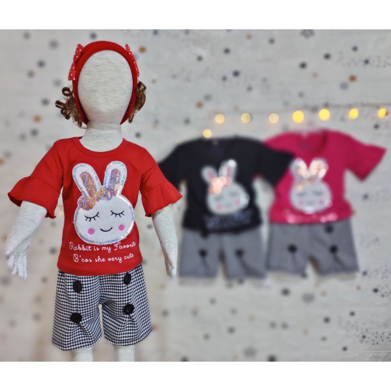 Setelan anak Perempuan usia 1-5 tahun BUNNY bahan Ducati Katun Spandek Premium