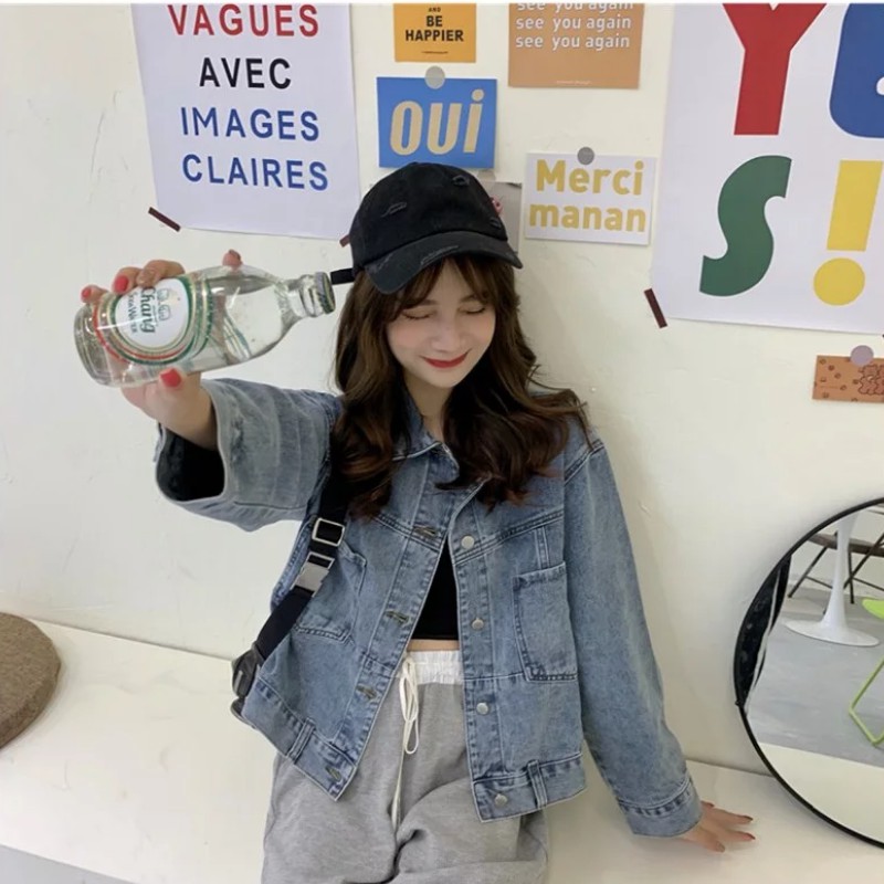 Jaket denim wanita baru gaya Korea jaket pendek kasual all-match longgar