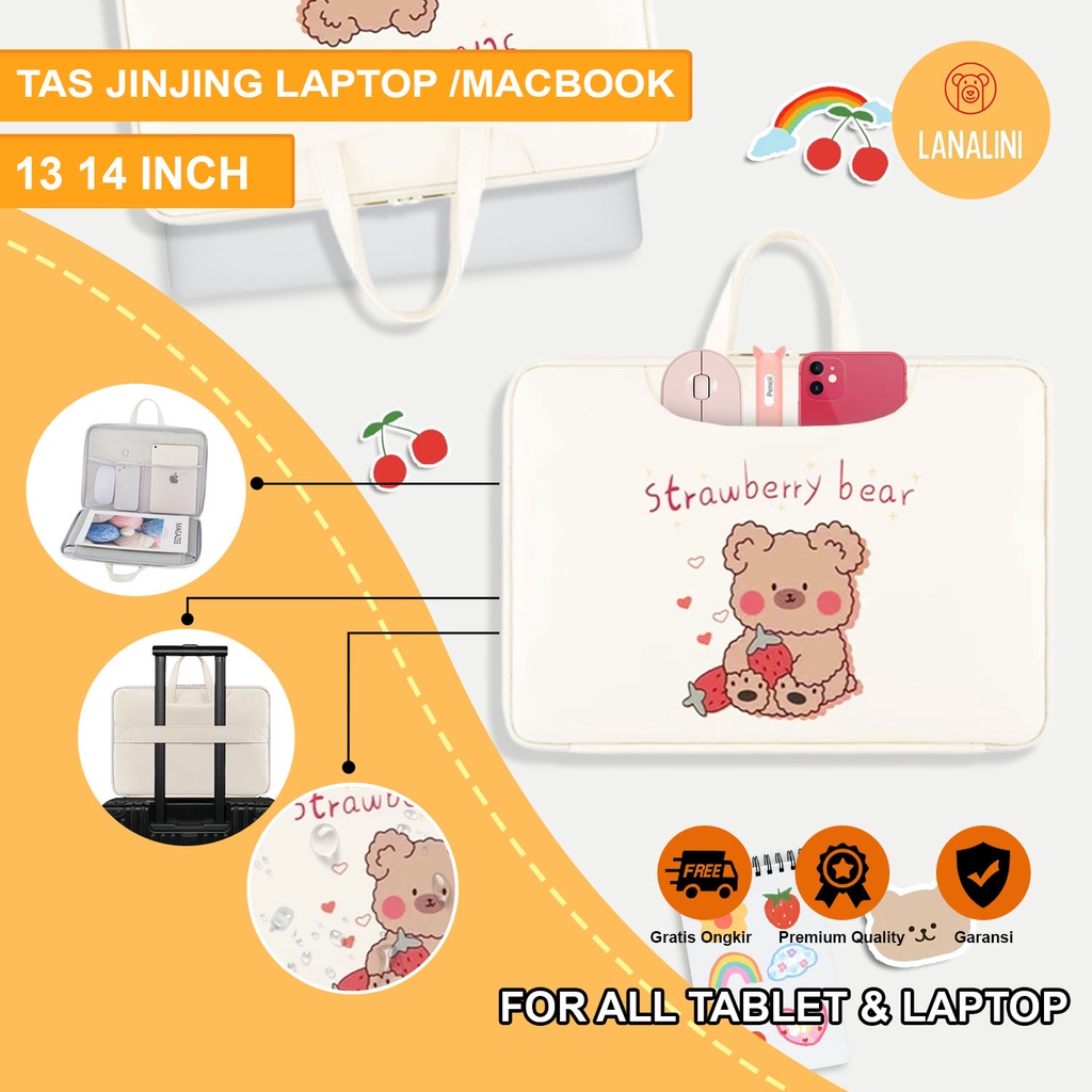 Sleeve Pouch Sarung Tas Bag Case Ipad Tab Tablet Macbook Air Pro Laptop Asus Acer Lenovo HP Huawei 11 12 13 14 15 inch Motif Gambar Strawberry Bear Beruang Warna Putih Lucu Cute Murah Korean Model Jinjing Tali Strap