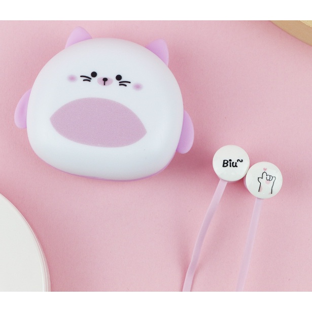 [KIKI-336] Set Headset Earphone Kartun CAT MEOW / Wadah Earphone Karakter KUCING MIAW Lucu / Tempat Penyimpanan Earphone Gambar Kucing