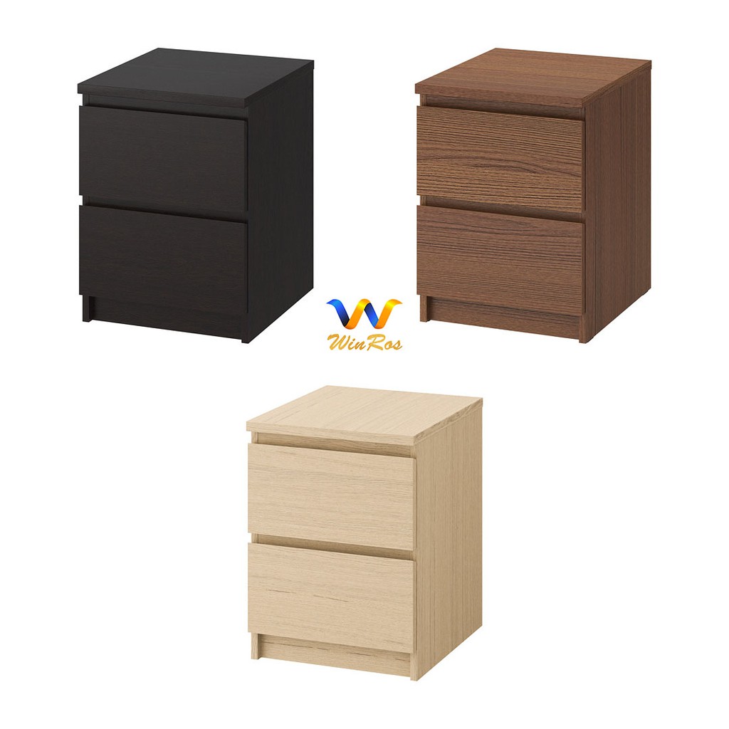 MALM Lemari 2 laci hitam - kayu ash - kayu oak