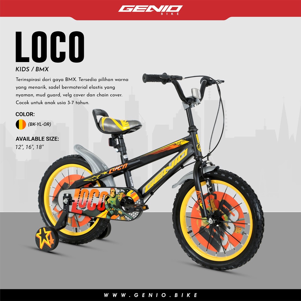Sepeda Anak Cowok Roda 4 BMX Mini Genio Loco 12 16 18 inch SNI Garansi By dari pabrik resmi dan garansi free jasa service seumur hidup-Black Yellow Orange