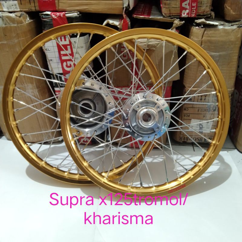 RODA VELG MOTOR HONDA SUPRA X125 TROMOL /KHARISMA SEPASANG MEREK ROSSI 17 X140 KOMPLIT WARNA GOLD