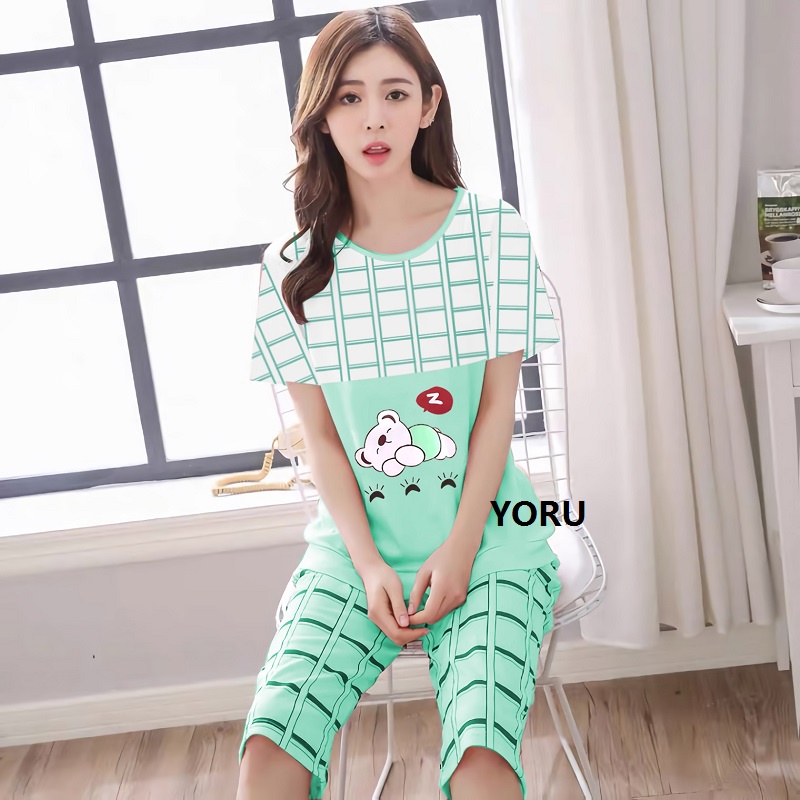 Pamelo.id Stelan C3/4 Baby Doll / Suplier Sleep Wear / Baju Tidur Wanita kaos Katun / Stelan Baju Tidur Murah Produk Terlaris Set HP-Bear zzZ toska