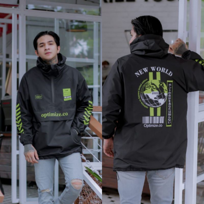 Jaket pria IKC 002 distro cbr Bandung hoodie dua sisi bolak balik keren grosir jaket cagoule erigo Jaket Pria Parasut Anti Air-CG New World