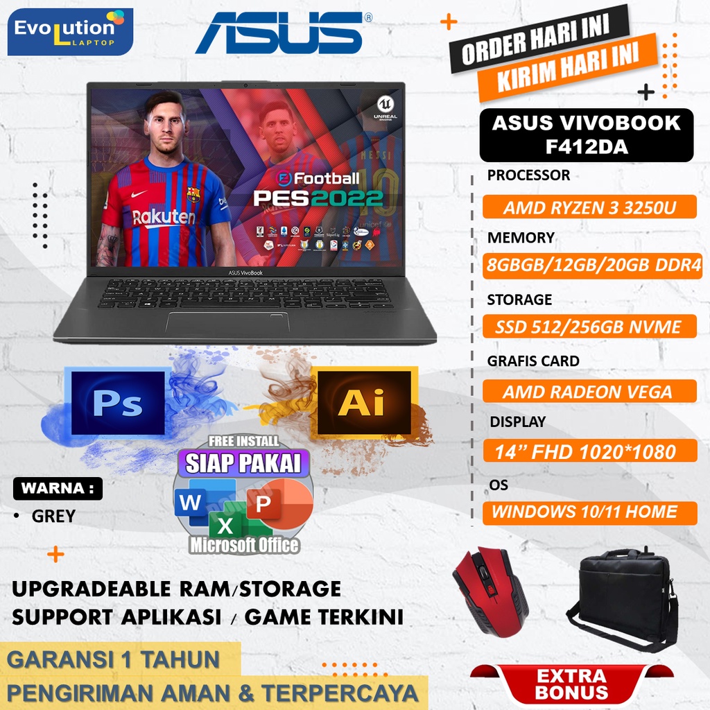 LAPTOP GAMING ASUS VIVOBOOK F412DA RYZEN 3 3250U 8GB 512GB SSD FHD WIN10HOME GREY