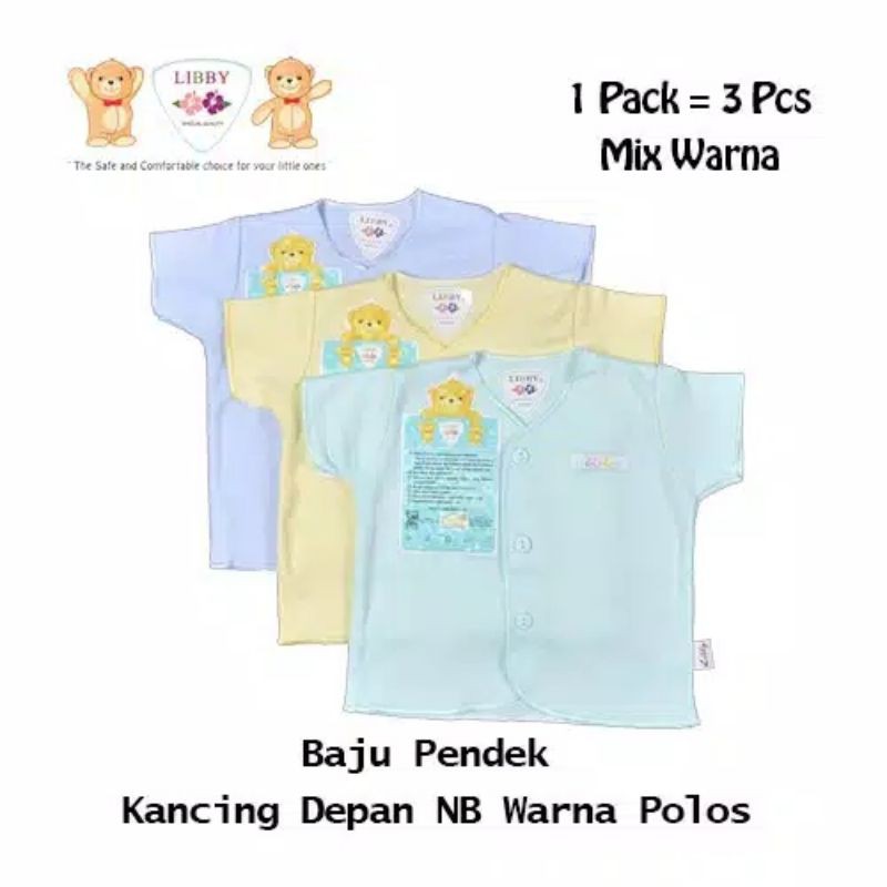 LIBBY Baju Pendek Polos Warna 0-3 &amp; 3-6 Bulan 3 pcs