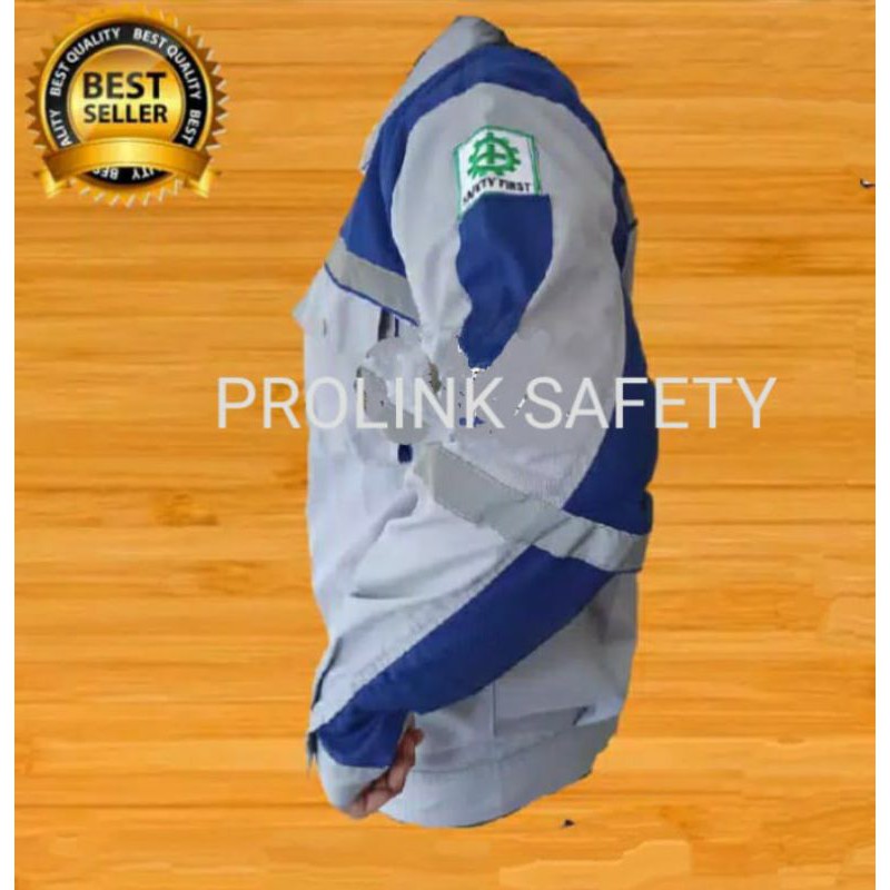 SERAGAM SAFETY FREE LOGO K3 BENDERA RESLETING BIRU KOMBINASI PUTIH TULANG DRILL PREMIUM ADEM TEBAL