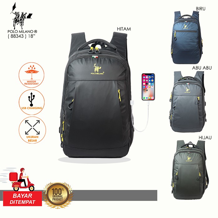 TAS RANSEL BACKPACK SEKOLAH PRIA POLO MILANO - 88343 Tas Pria ANTI AIR + USB IMPORT ASLI