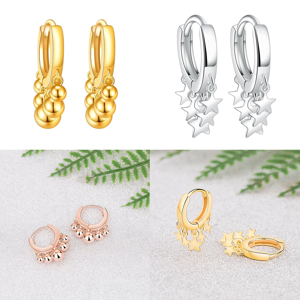 925 Sterling Perak Perempuan Anting-Anting Lima Menunjuk Bintang Bulat Manik-manik Telinga Klip Fashion Ornamen