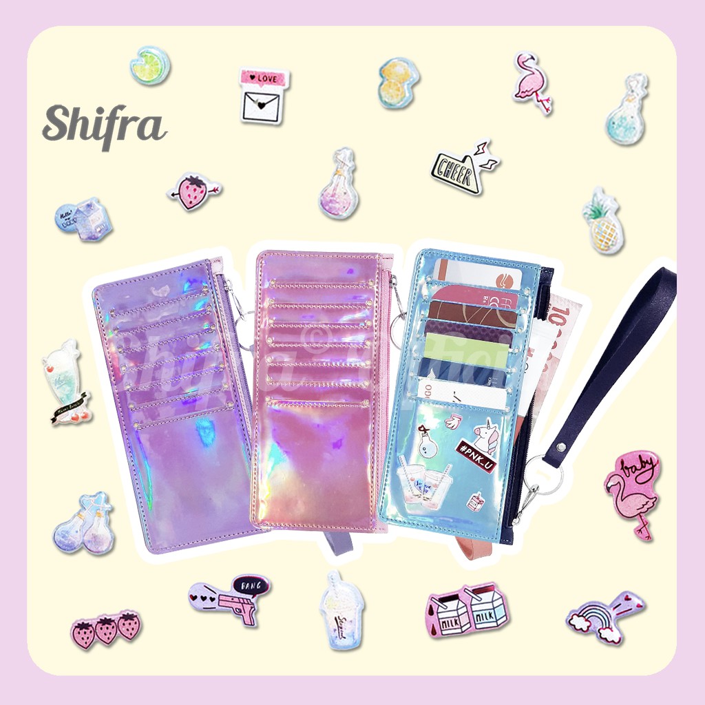 Shifra Card Holder 6 Slot Dompet Kartu Genggam Kantong Uang Bahan Holo Pink Blue Purple (Free Stickers)