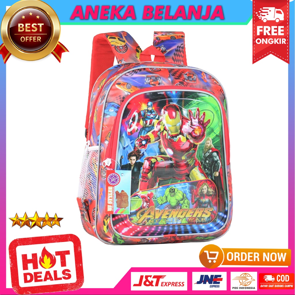 Tas Anak Lampu Motif Karakter Averangers Warna Merah Ransel Sekolah Model Trendy Kekinian Multifungsi