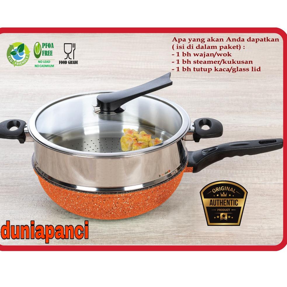 Panci Wajan Wok Pan New YEOBO Korea Granite  30cm + Steamer /Kukusan /Dandang Stainless Steel J83J