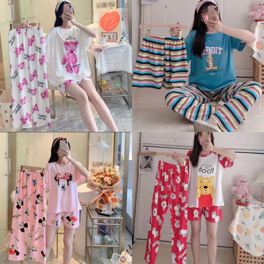 BAJU TIDUR WANITA 3IN1 KAOS SPANDEX IMPORT SETELAN CELANA PENDEK MOTIF