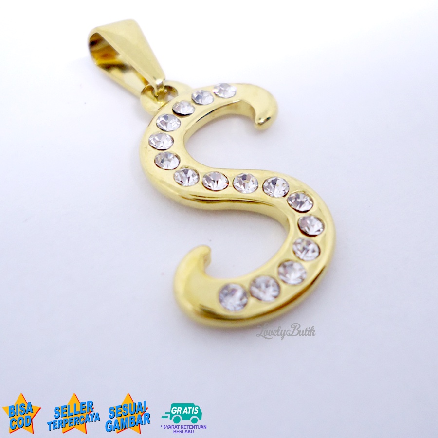 Lovelybutik Liontin Huruf Titanium Inisial S Klasik warna Gold Silver