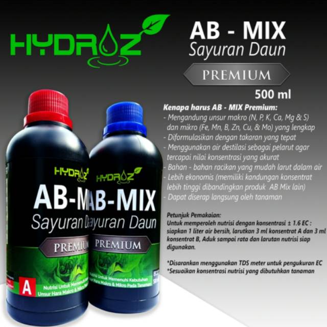 AB MIX HydroZ Nutrisi Terbaik untuk Hidroponik / untuk Sayuran daun 500 ml.