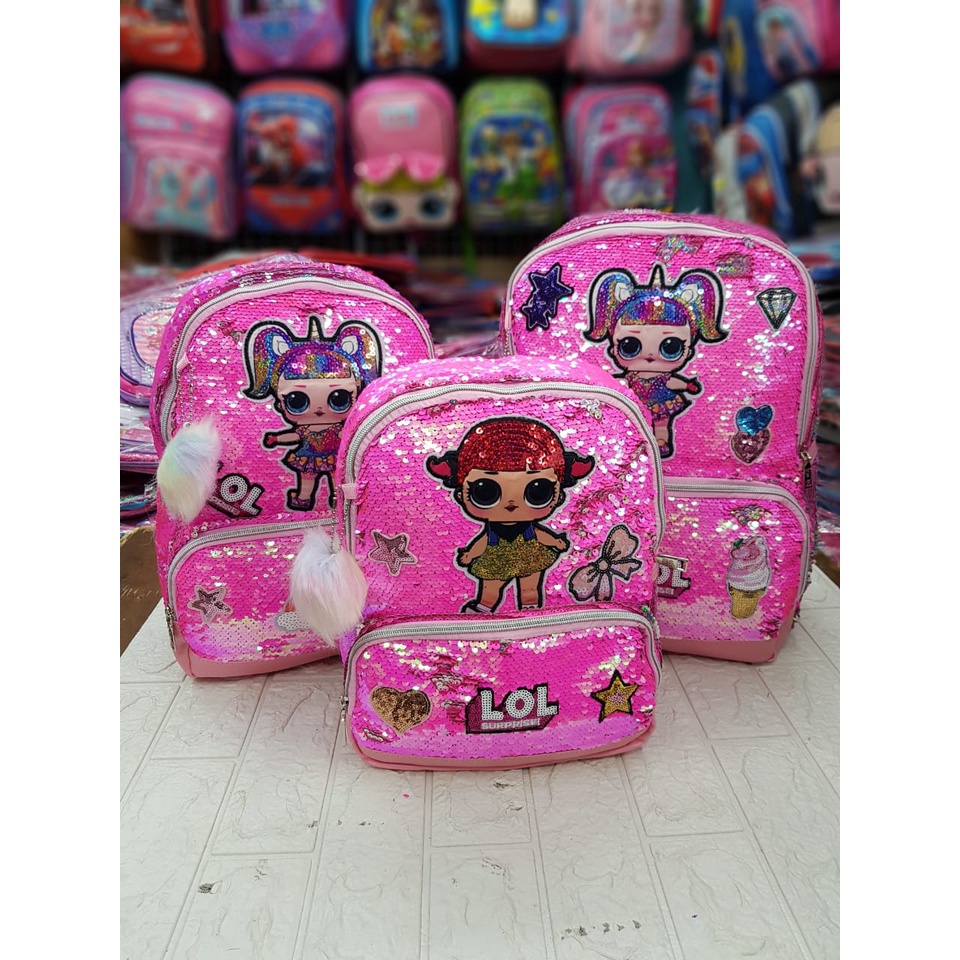 Tas Sekolah Anak SD dan TK Paud Model Sequin Usap Gambar Unicorn LOL Frozen Tas Ransel Anak SD TK PG Perempuan Free Pompom