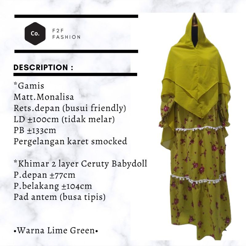 GAMIS BUSUI SYAR'I MONALISA HIJAU LIME / LEMON SET KHIMAR 2 LAYER CERUTY BABYDOLL