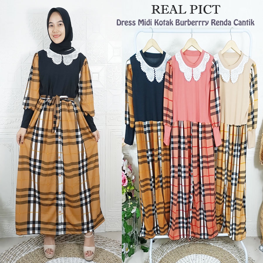 DRESS MIDI KOTAK BURBERRRY RENDA CANTIK WANITA GL FASHION