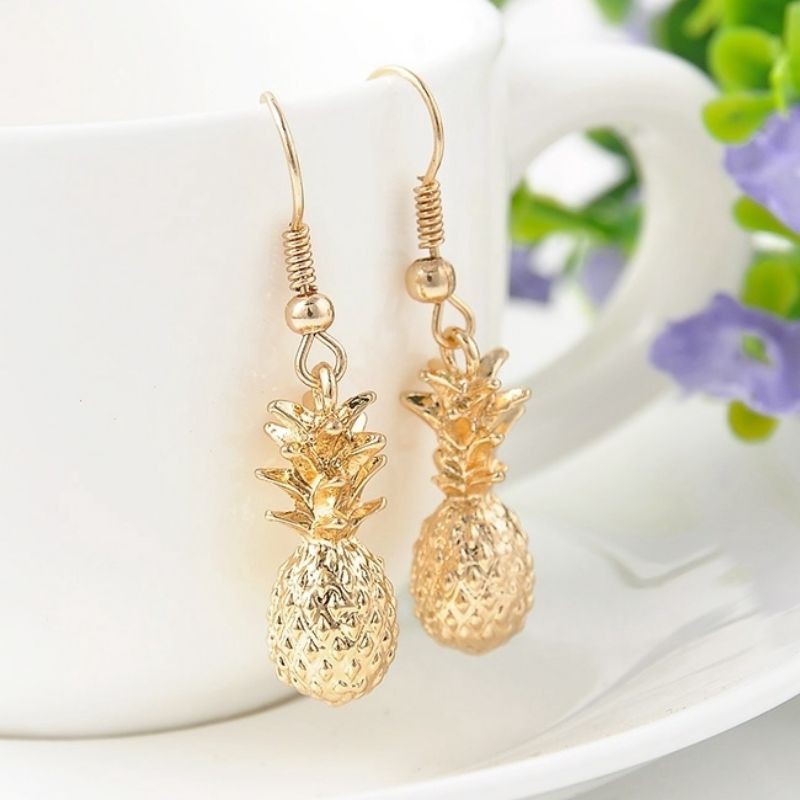 FerenHongXia 1 Pasang Anting Tusuk Bentuk Buah Nanas Warna Gold Gaya Korea