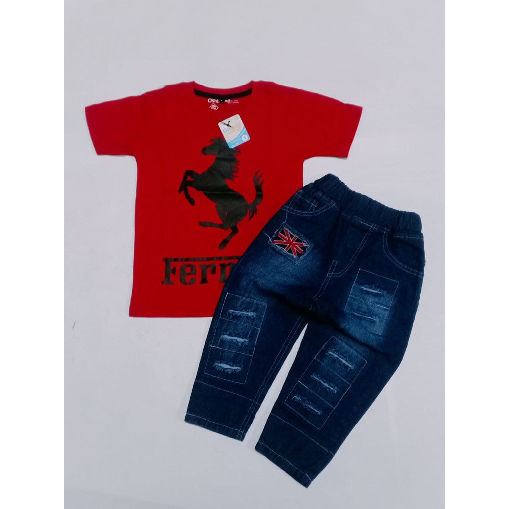 BAJU STELAN ANAK LAKI LAKI KAOS DISTRO DAN CELANA RIPPED BENDERA PPREMIUM OSHBOSS 1-FERARI
