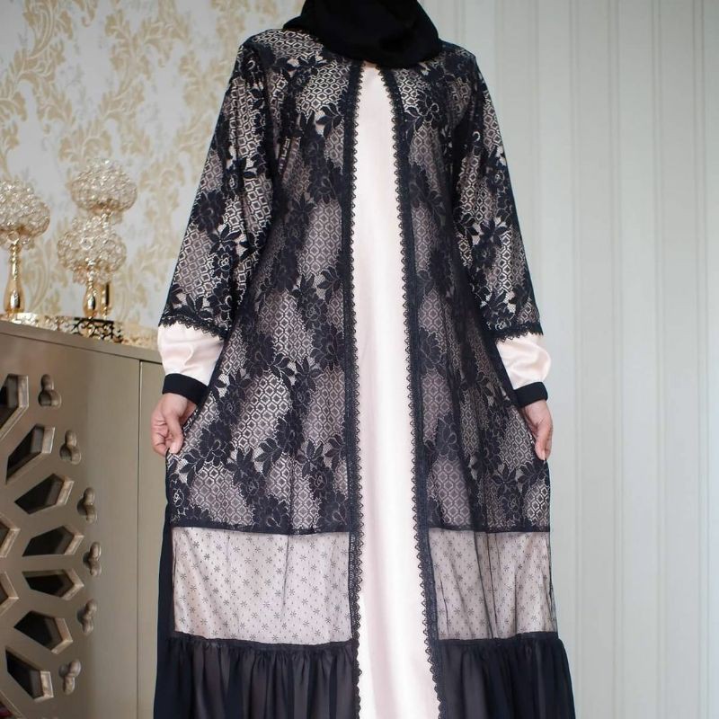 Abaya Hitam Wanita kombinasi brukat gamis maxi dress anggun baju syari muslim murah jubah outer