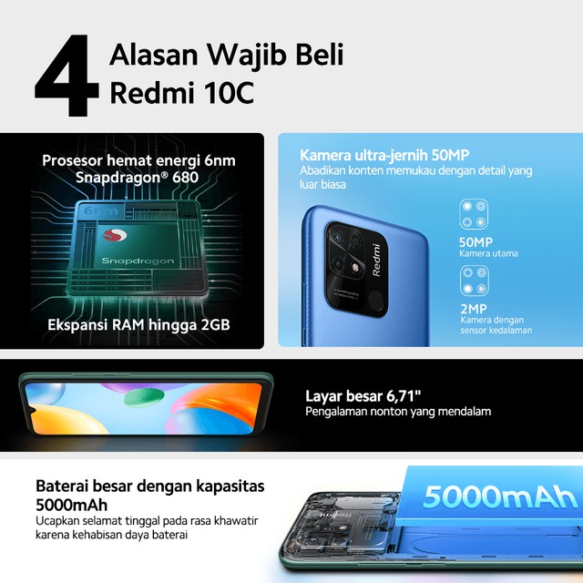 Xiaomi Redmi 10C (4GB+128GB) Snapdragon® 680 50MP AI Super Kamera Layar Dot Drop 6,71